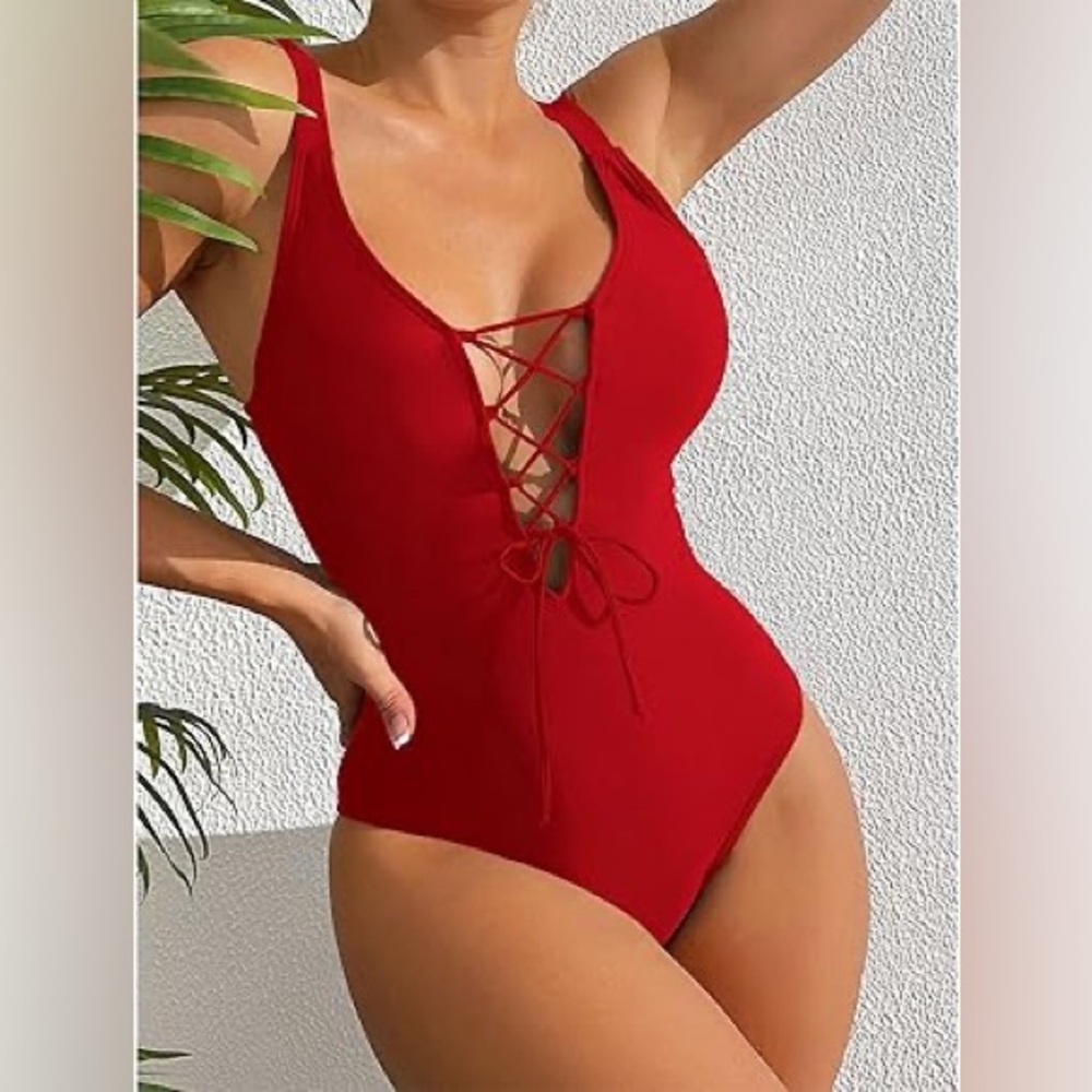 NWT! Zeraca Red Lace-Up Plunge One Piece Swimsuit size M